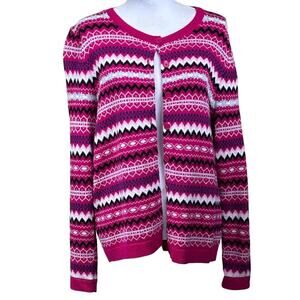 Talbots pink Fair Isle cardigan, LP, preppy, cottagecore, Nordic, cozy, bright